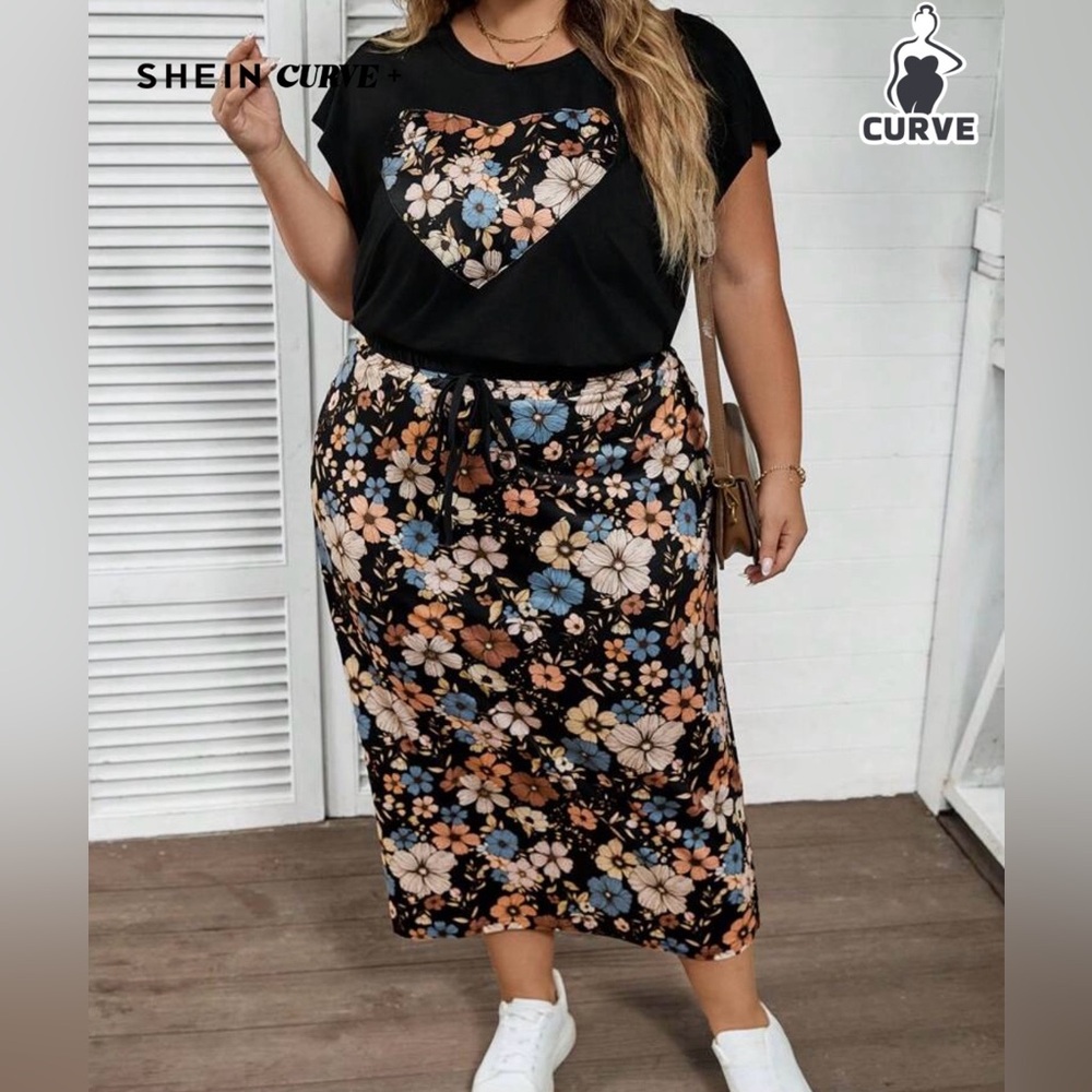 Shein Curve Floral Skirt and matching top.